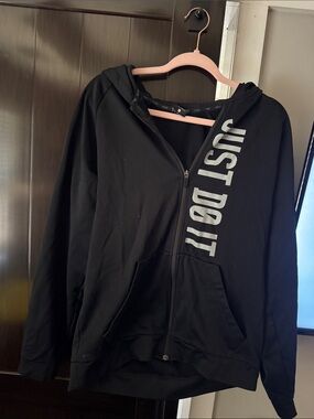 Nike Black Full-Zip Hoodie with White Vertical 'Just Do It' Text